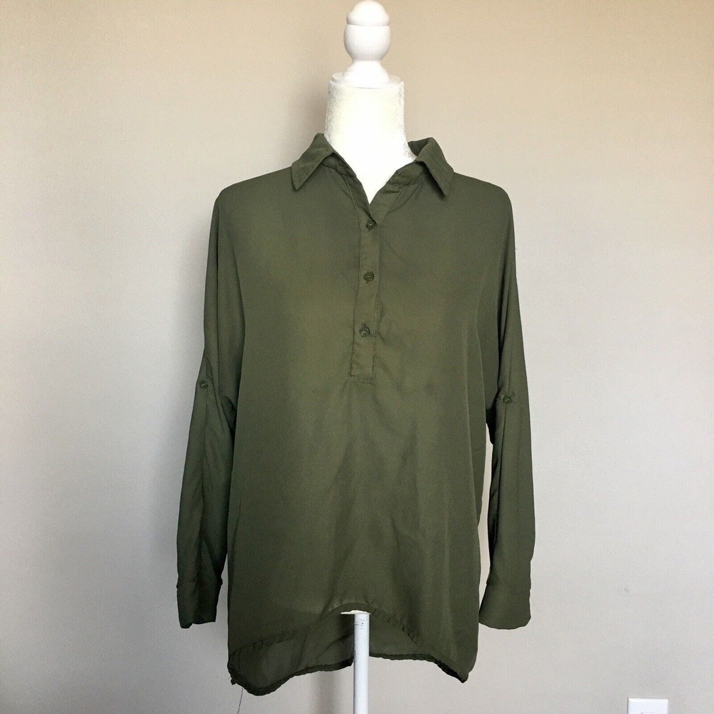 Ruiyige Women's Medium Olive Green Sheer Blouse Button Up Shirt Long Sleeve,